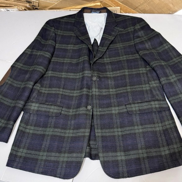 Tommy Hilfiger Sport Coat Mens 44L Black Watch Tartan Plaid Green Elbow Patches